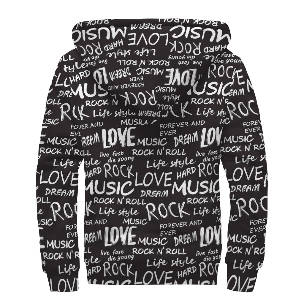 Black And White Rock And Roll Print Sherpa Lined Zip Up Hoodie
