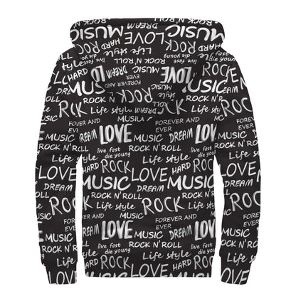Black And White Rock And Roll Print Sherpa Lined Zip Up Hoodie