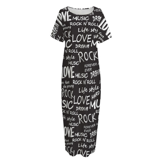 Black And White Rock And Roll Print Short Sleeve Long Nightdress