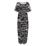 Black And White Rock And Roll Print Short Sleeve Long Nightdress