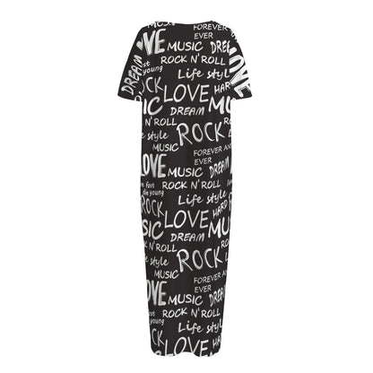 Black And White Rock And Roll Print Short Sleeve Long Nightdress