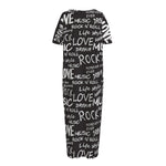 Black And White Rock And Roll Print Short Sleeve Long Nightdress
