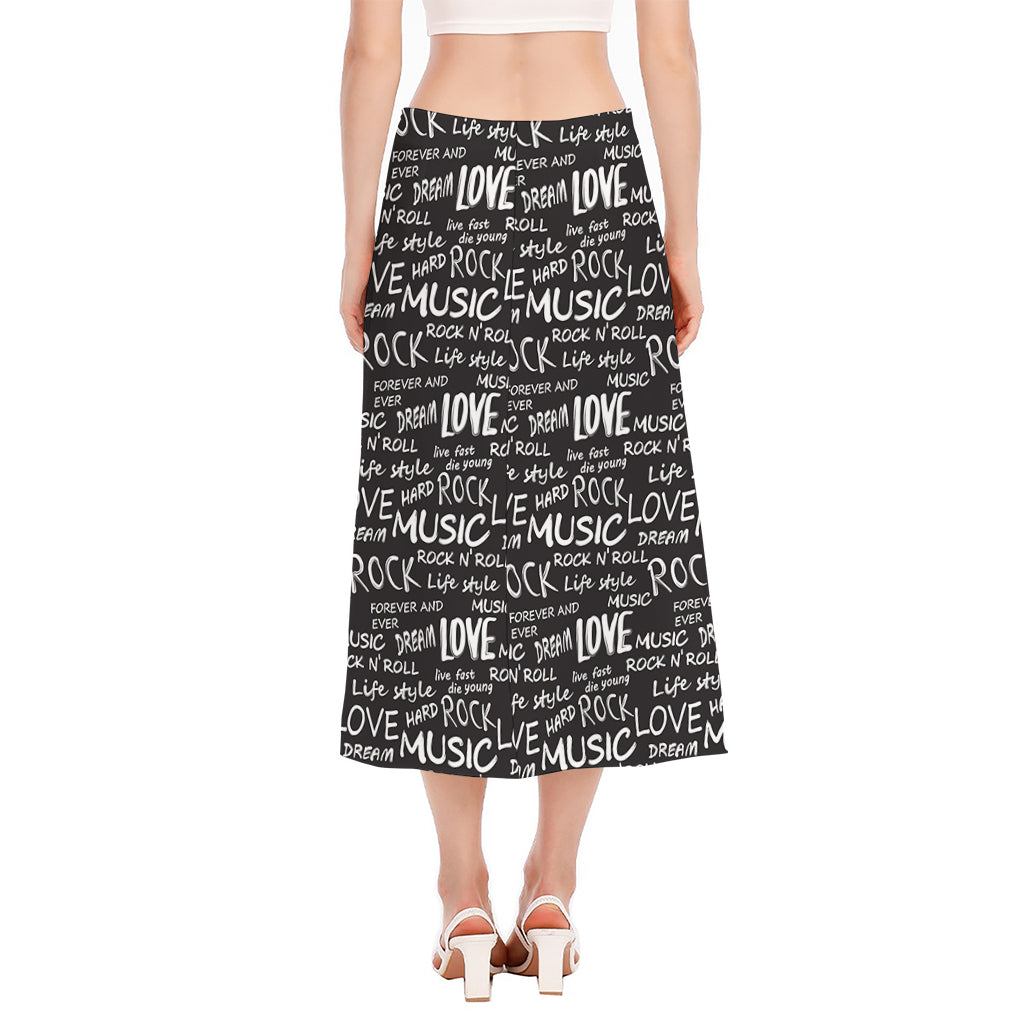 Black And White Rock And Roll Print Side Slit Midi Skirt