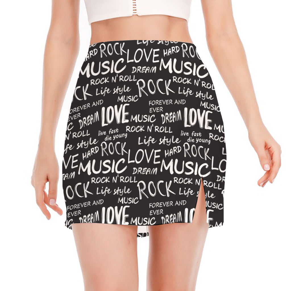 Black And White Rock And Roll Print Side Slit Mini Skirt