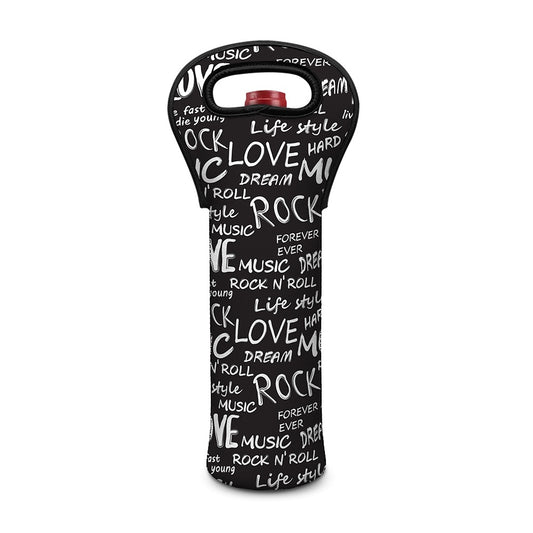 Black And White Rock And Roll Print Single Neoprene Wine Tote