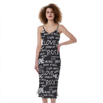 Black And White Rock And Roll Print Slim Fit Midi Cami Dress
