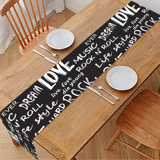 Black And White Rock And Roll Print Table Runner