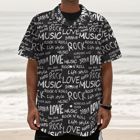 Black And White Rock And Roll Print Textured Short Sleeve Shirt