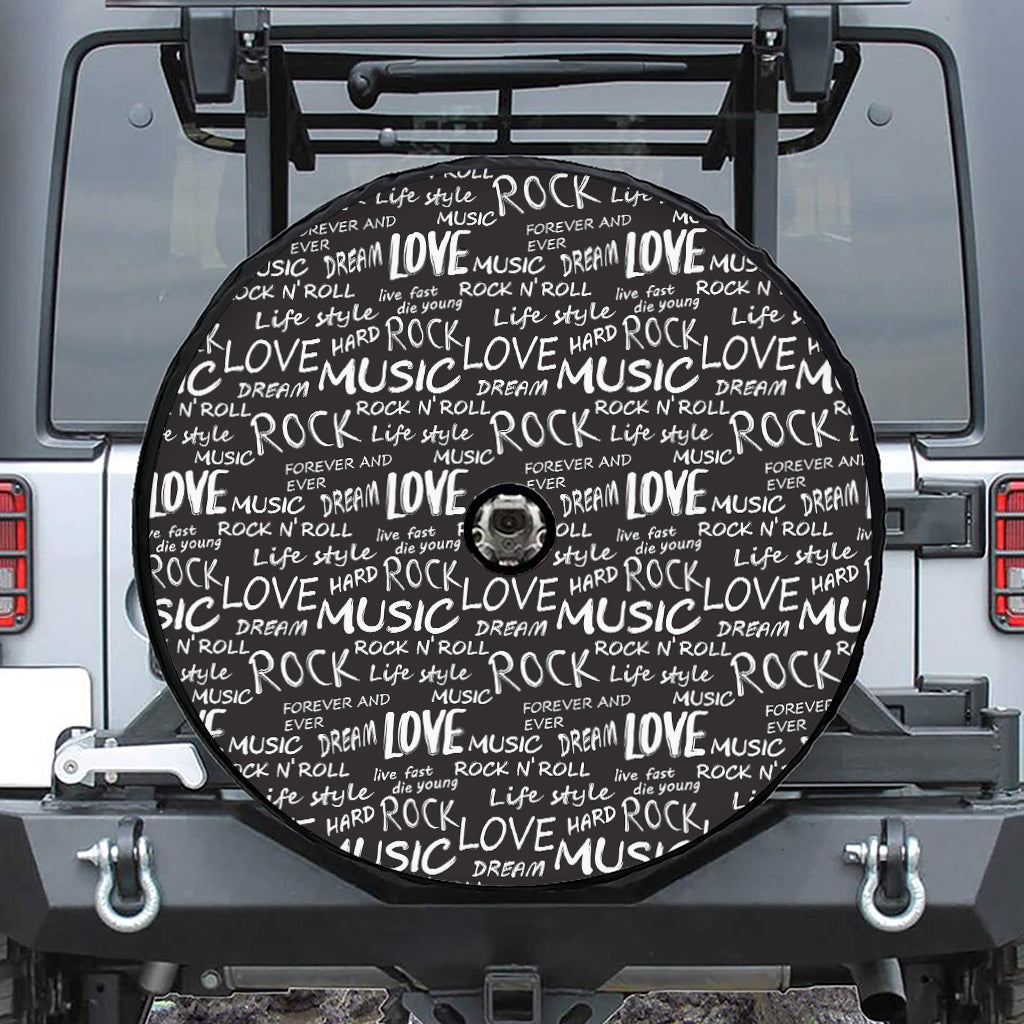 Black And White Rock And Roll Print Tire Cover With Camera Hole