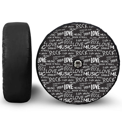Black And White Rock And Roll Print Tire Cover With Camera Hole