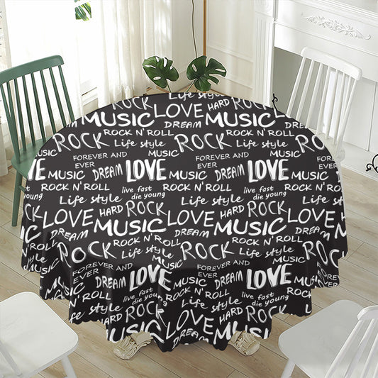 Black And White Rock And Roll Print Waterproof Round Tablecloth