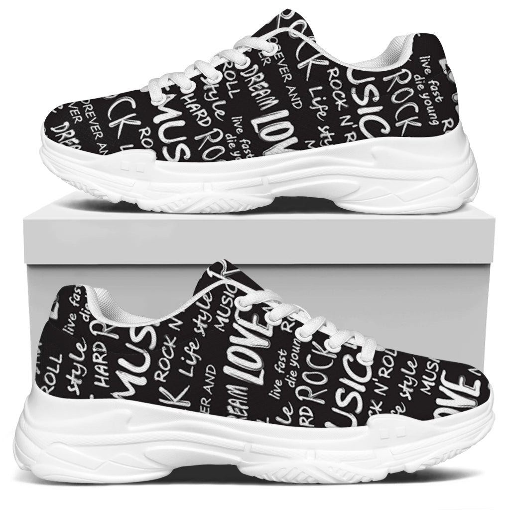 Black And White Rock And Roll Print White Chunky Shoes