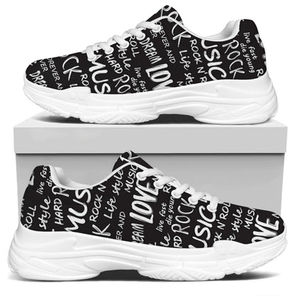 Black And White Rock And Roll Print White Chunky Shoes