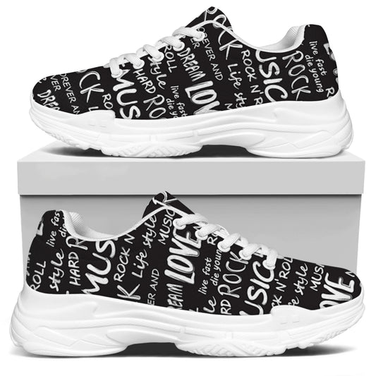 Black And White Rock And Roll Print White Chunky Shoes