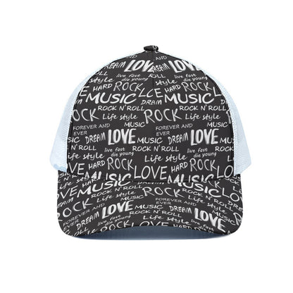 Black And White Rock And Roll Print White Mesh Trucker Cap