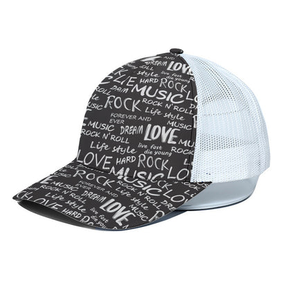 Black And White Rock And Roll Print White Mesh Trucker Cap