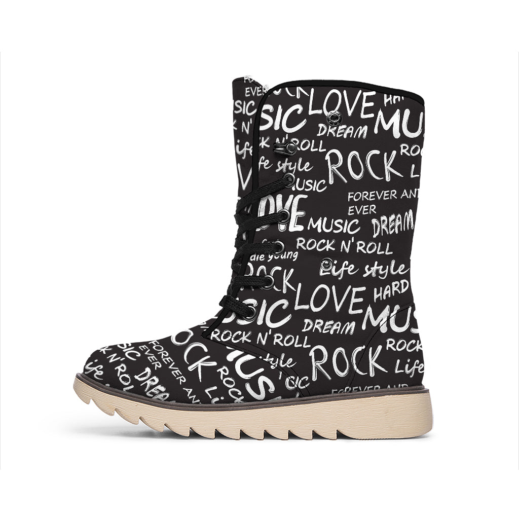 Black And White Rock And Roll Print Winter Boots