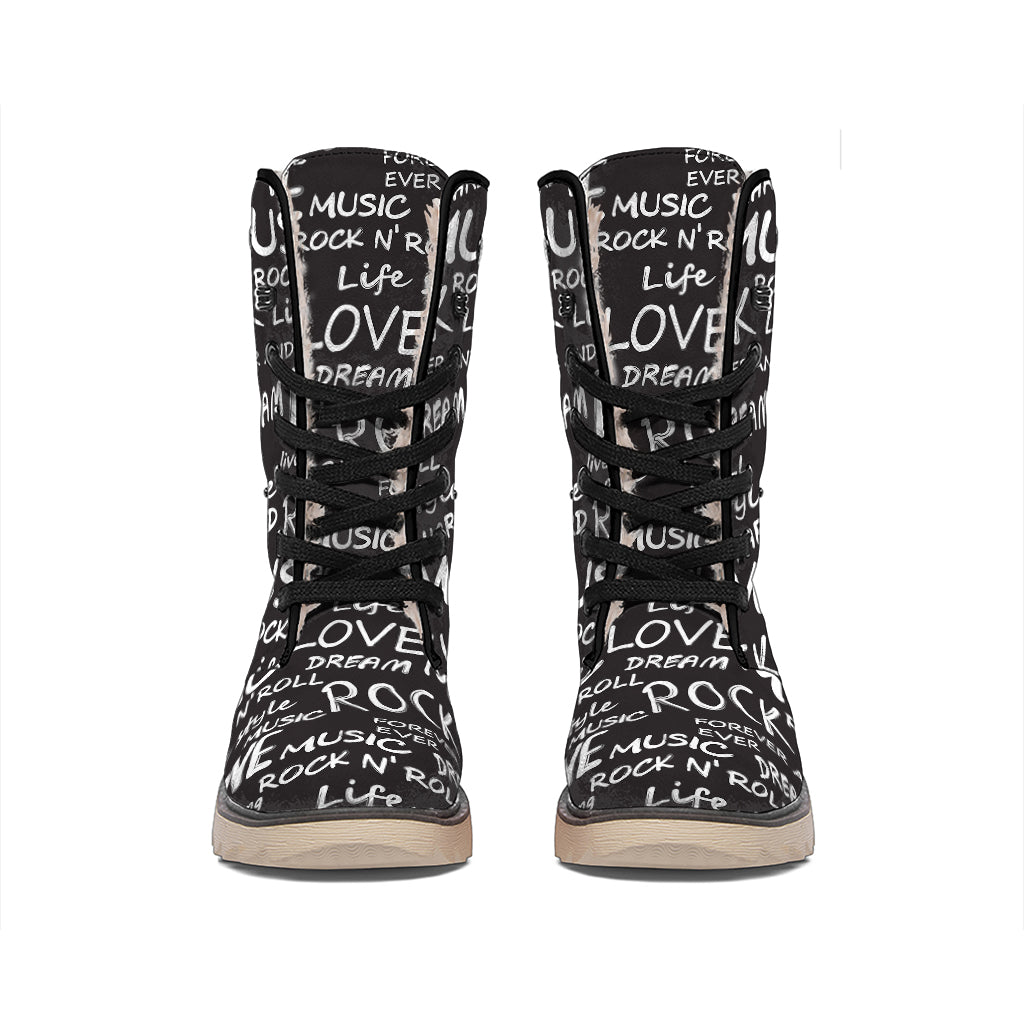 Black And White Rock And Roll Print Winter Boots