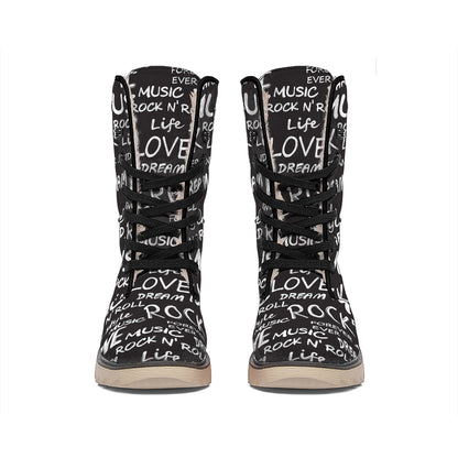Black And White Rock And Roll Print Winter Boots