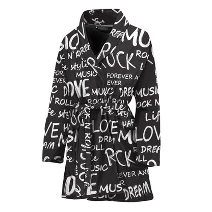 Black And White Rock And Roll Print Women's Bathrobe