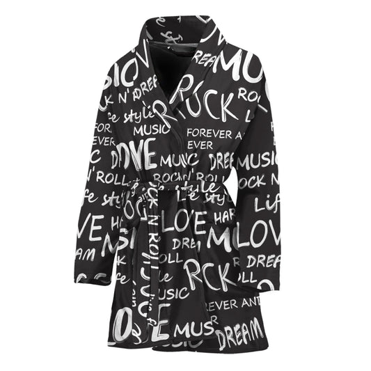 Black And White Rock And Roll Print Women's Bathrobe