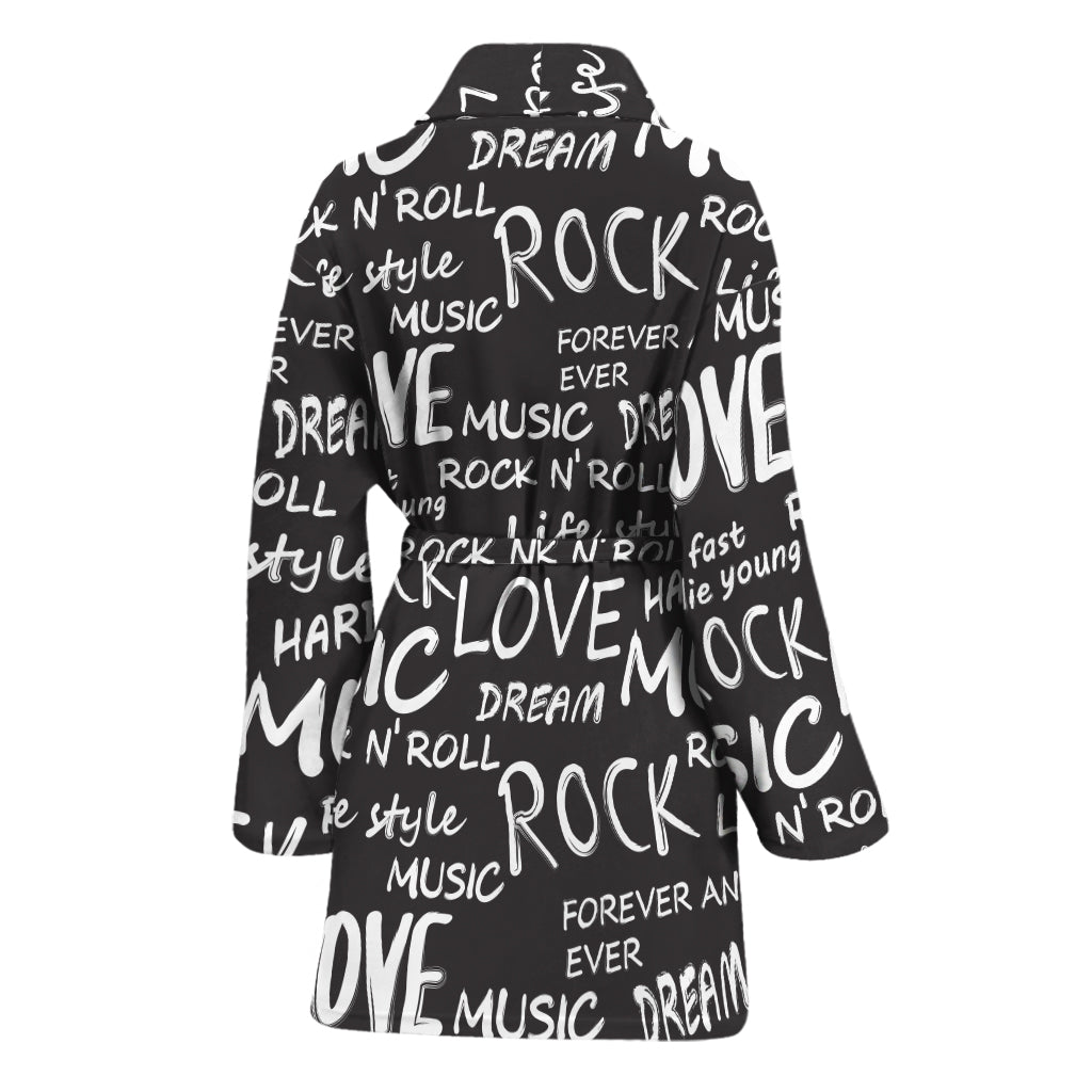 Black And White Rock And Roll Print Women's Bathrobe