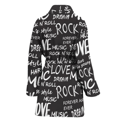 Black And White Rock And Roll Print Women's Bathrobe