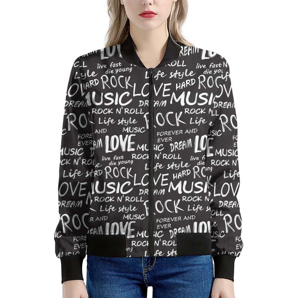 Black And White Rock And Roll Print Women's Bomber Jacket