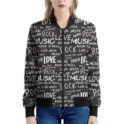 Black And White Rock And Roll Print Women's Bomber Jacket