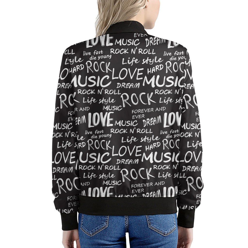 Black And White Rock And Roll Print Women's Bomber Jacket