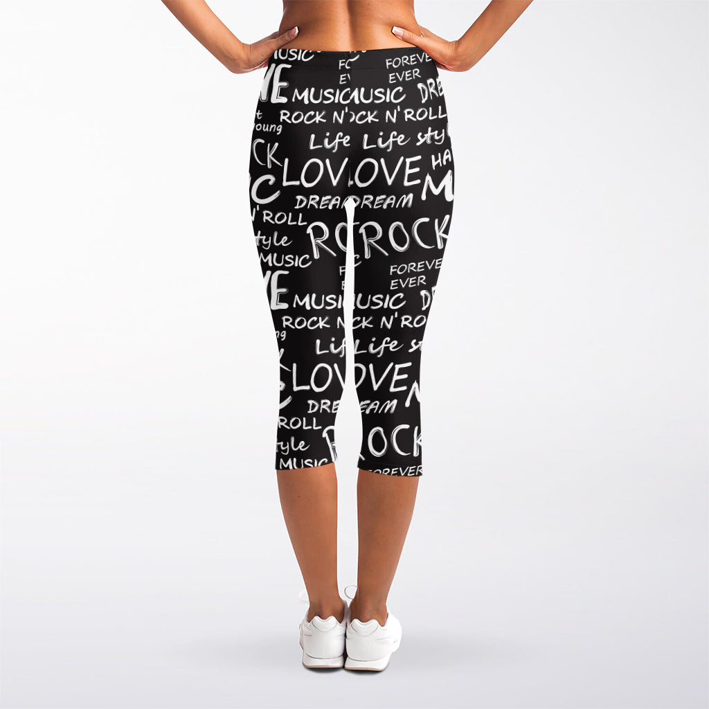 Black And White Rock And Roll Print Women's Capri Leggings