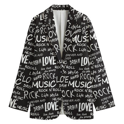 Black And White Rock And Roll Print Women's Cotton Blazer