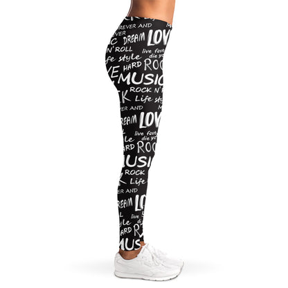 Black And White Rock And Roll Print Women's Leggings