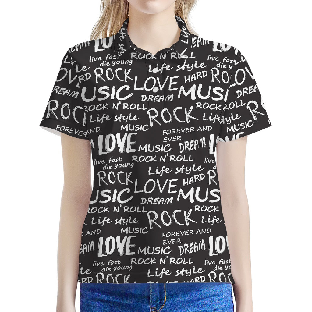 Black And White Rock And Roll Print Women's Polo Shirt