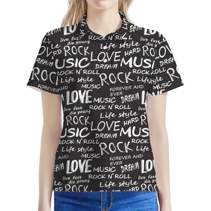 Black And White Rock And Roll Print Women's Polo Shirt