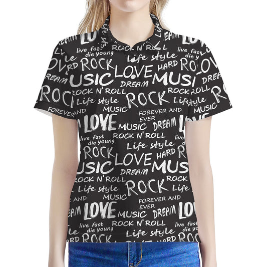 Black And White Rock And Roll Print Women's Polo Shirt