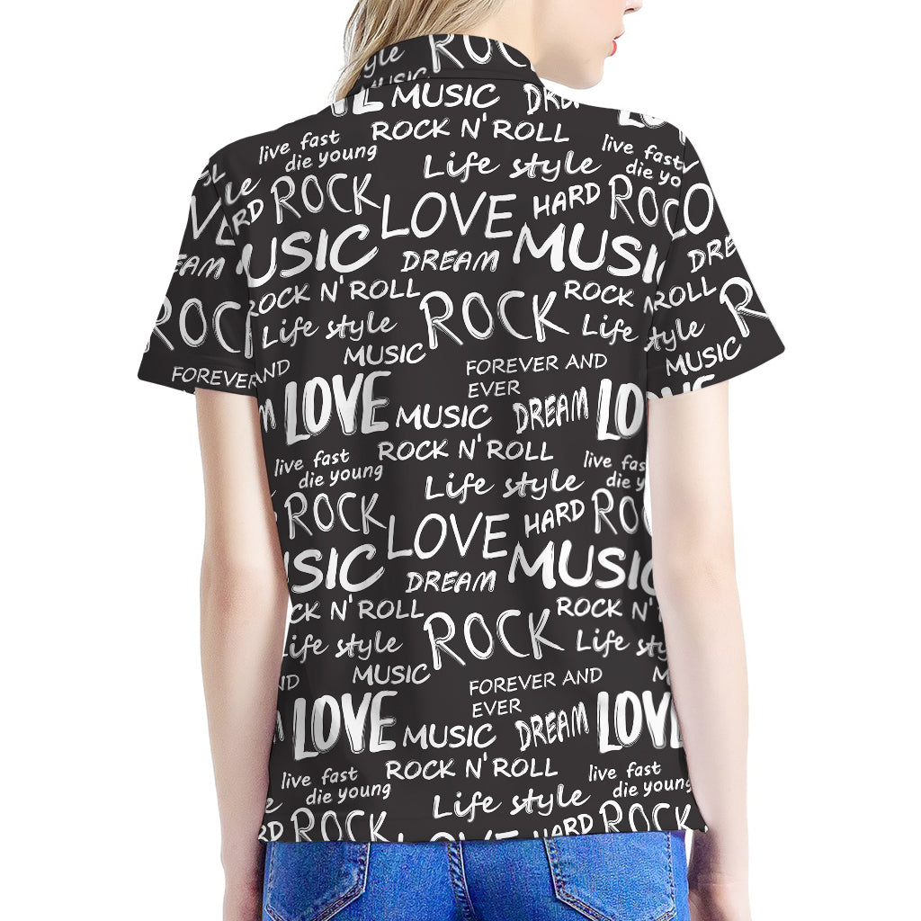 Black And White Rock And Roll Print Women's Polo Shirt
