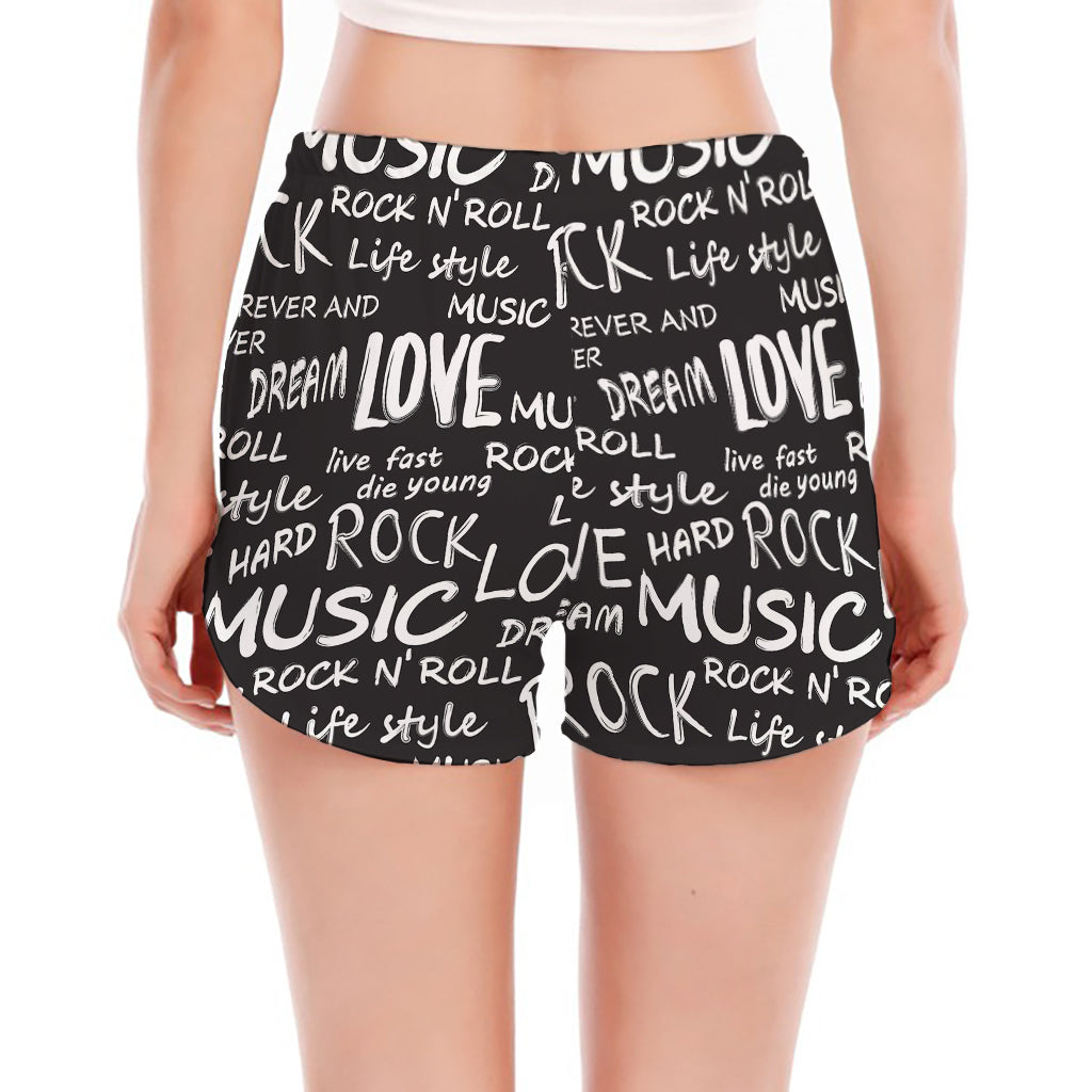 Black And White Rock And Roll Print Women's Split Running Shorts