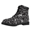 Black And White Rock And Roll Print Padded Collar Lace Up Boots
