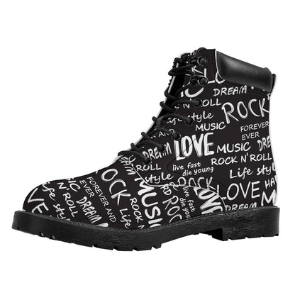 Black And White Rock And Roll Print Work Boots