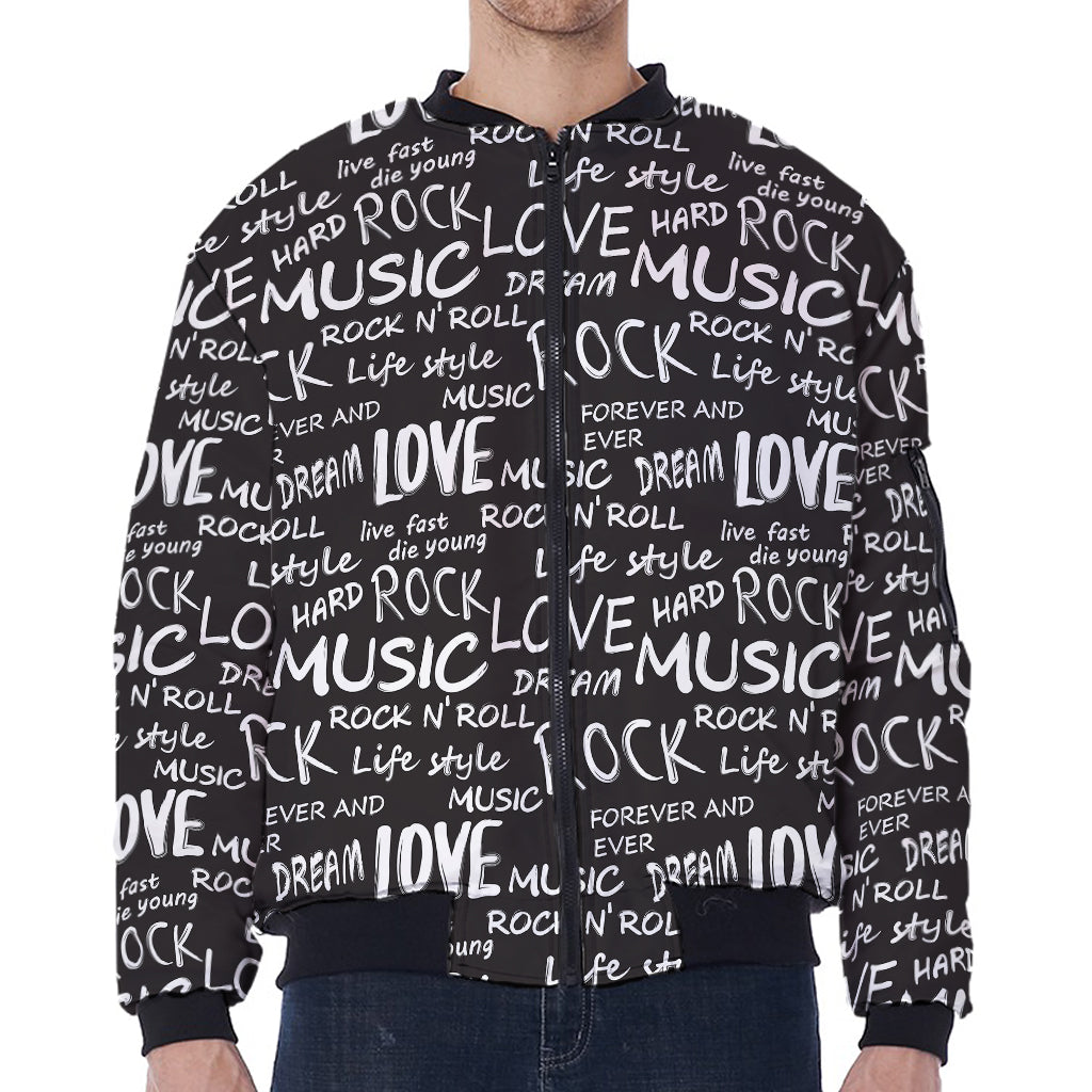Black And White Rock And Roll Print Zip Sleeve Bomber Jacket