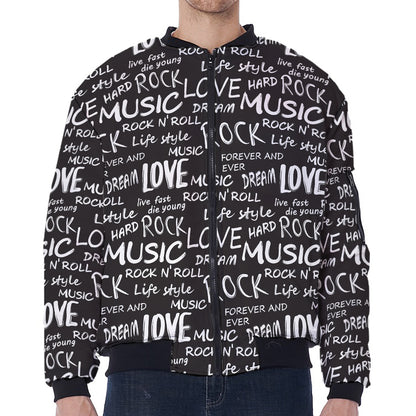 Black And White Rock And Roll Print Zip Sleeve Bomber Jacket