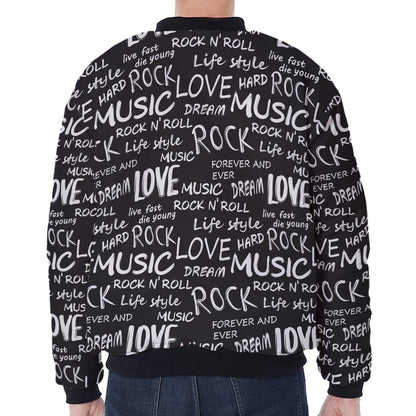 Black And White Rock And Roll Print Zip Sleeve Bomber Jacket