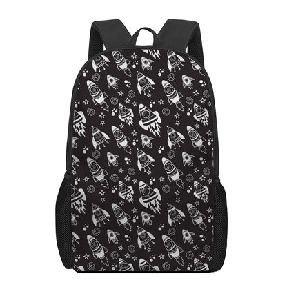 Black And White Rocket Pattern Print 17 Inch Backpack