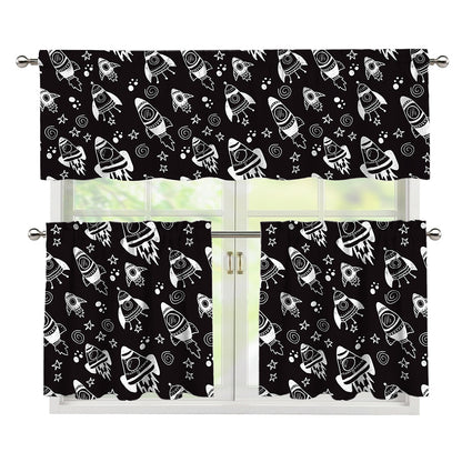 Black And White Rocket Pattern Print 3 Piece Kitchen Curtains