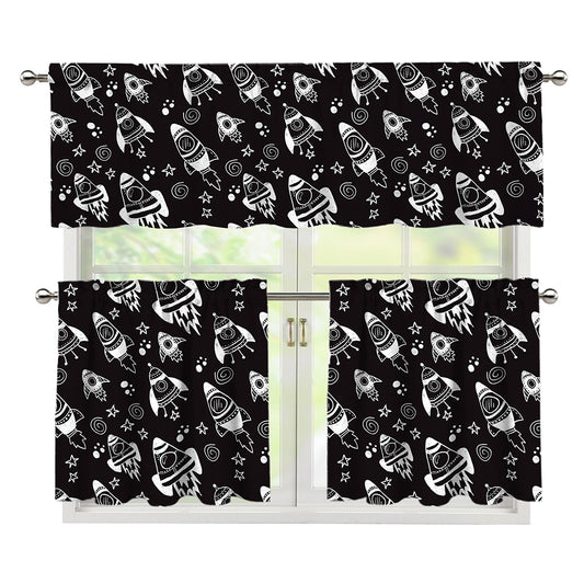 Black And White Rocket Pattern Print 3 Piece Kitchen Curtains