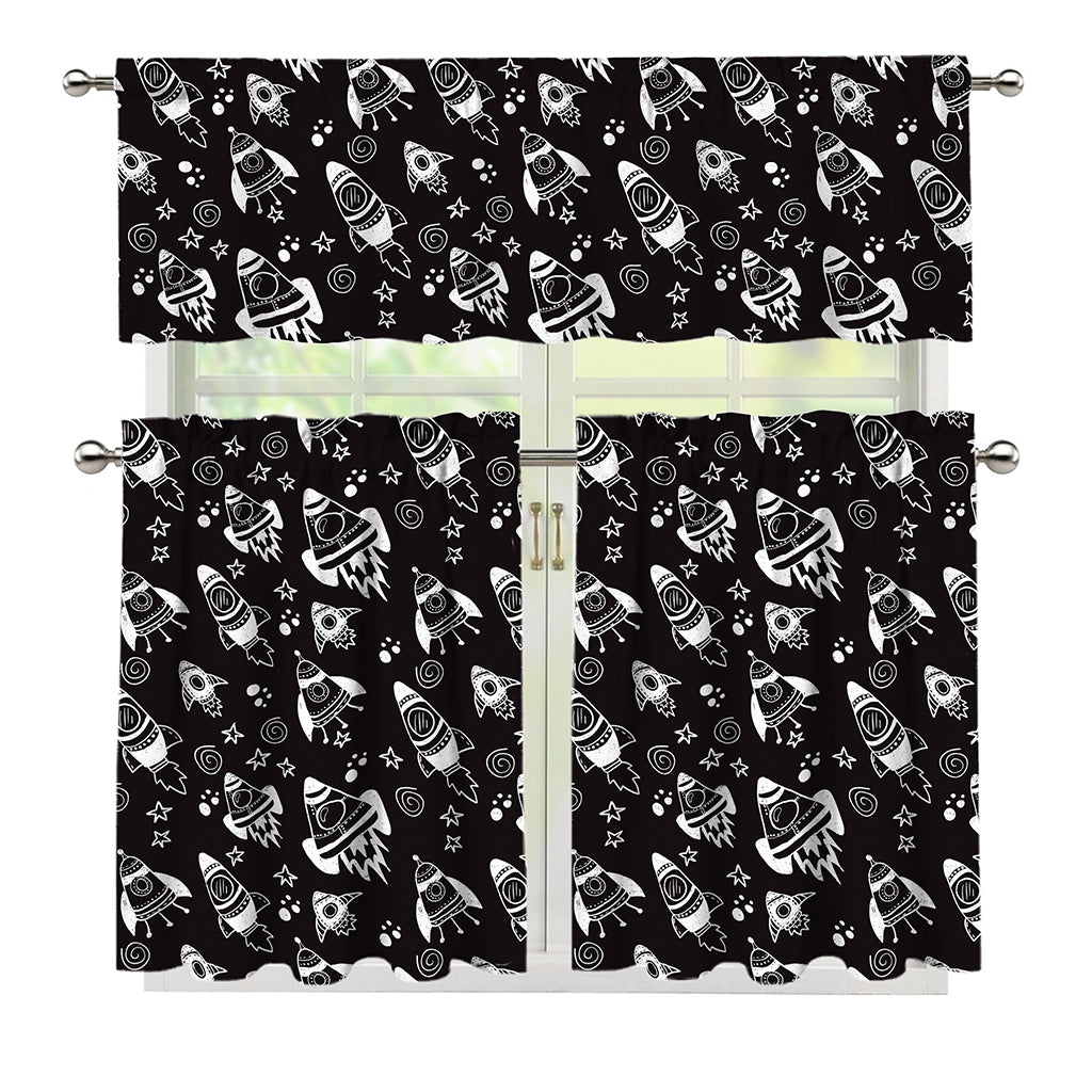 Black And White Rocket Pattern Print 3 Piece Kitchen Curtains
