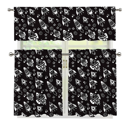 Black And White Rocket Pattern Print 3 Piece Kitchen Curtains