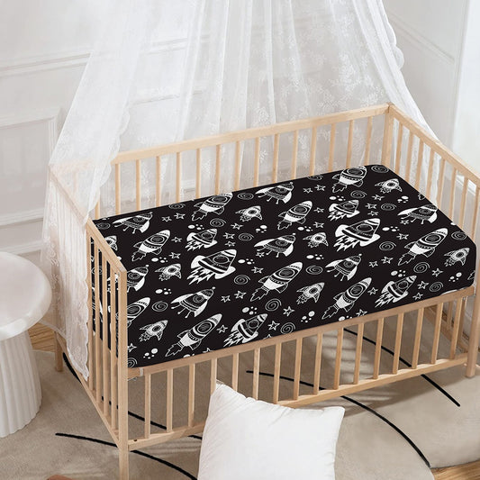 Black And White Rocket Pattern Print Baby Crib Sheet