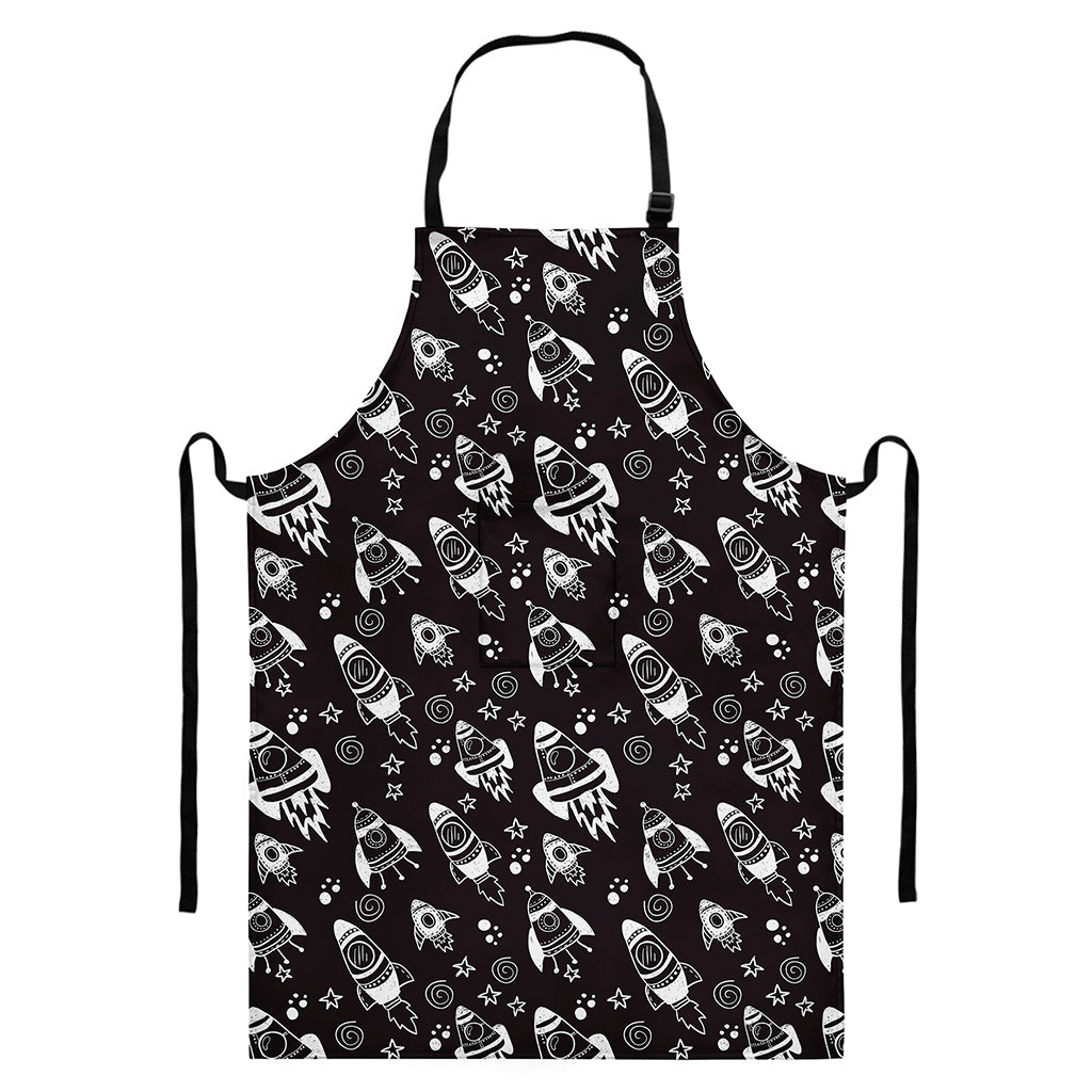 Black And White Rocket Pattern Print Bib Apron With Pocket